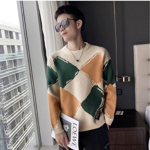 Contrast-color Fashionable Knitwear Crew-neck Sweater For Men