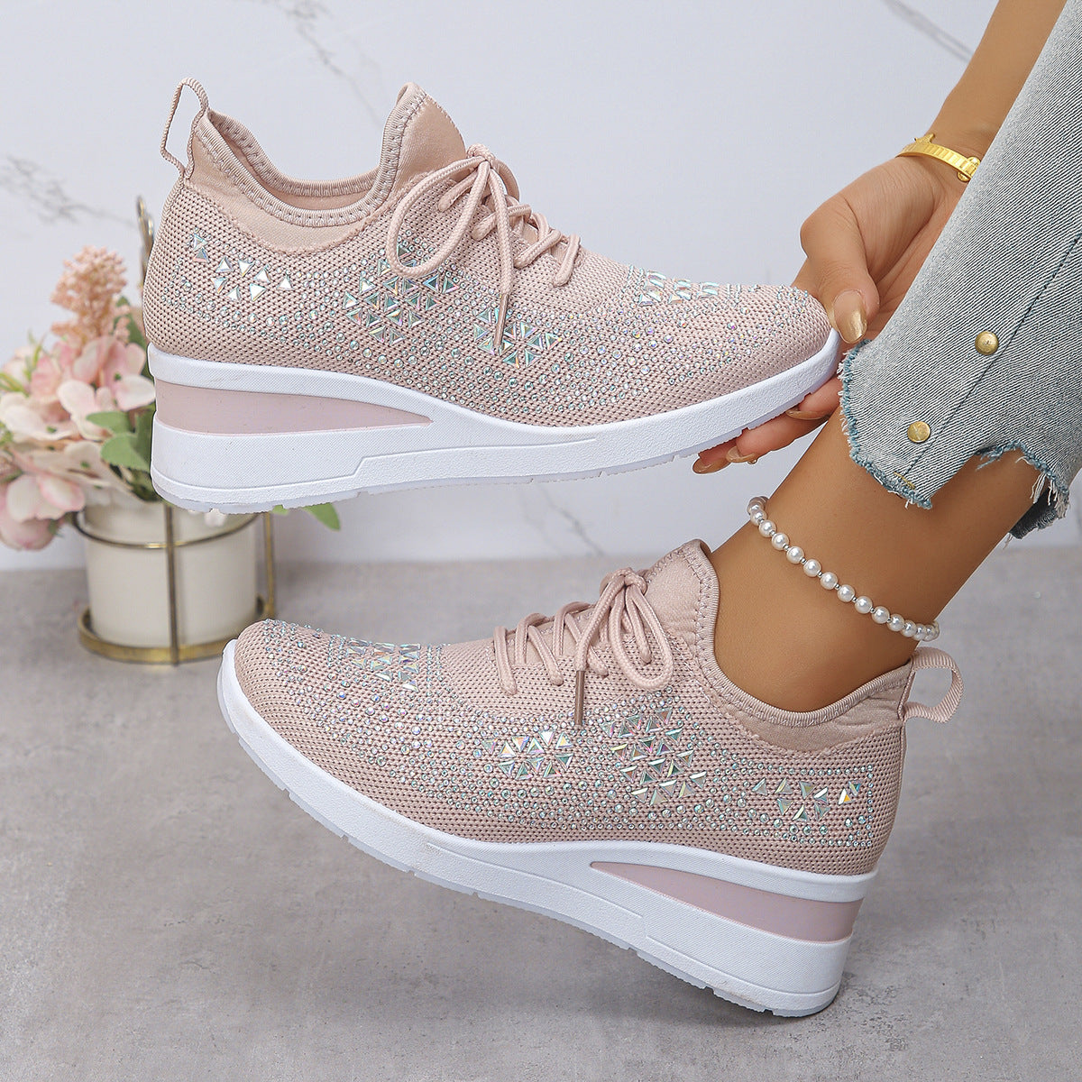 Rhinestone Lace Up Fashion Style Daily Commuter Women's Casual Shoes