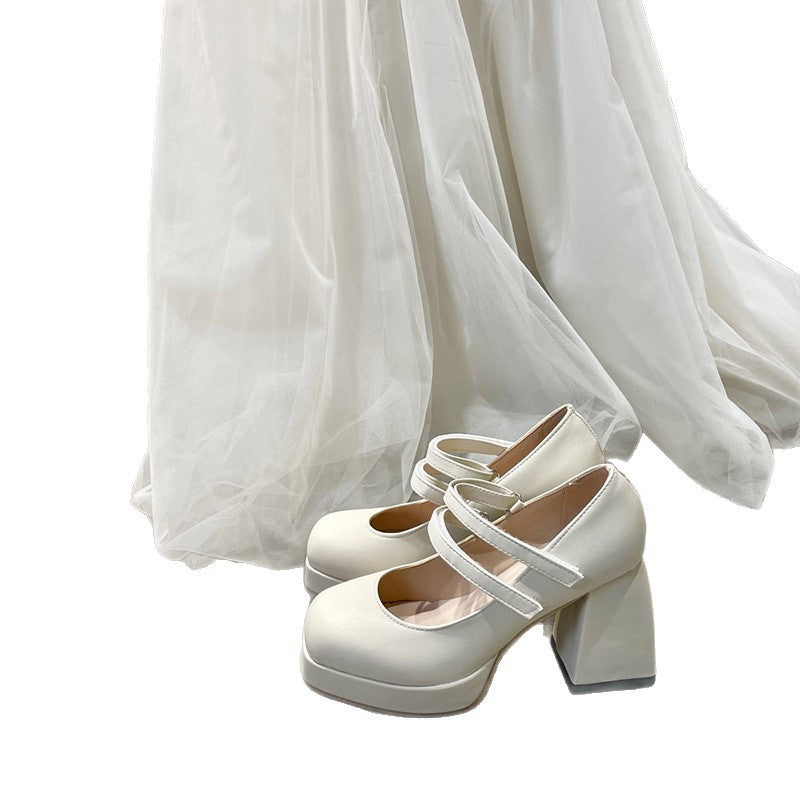 White Mary Jane Chunky Heel Wedding Shoes