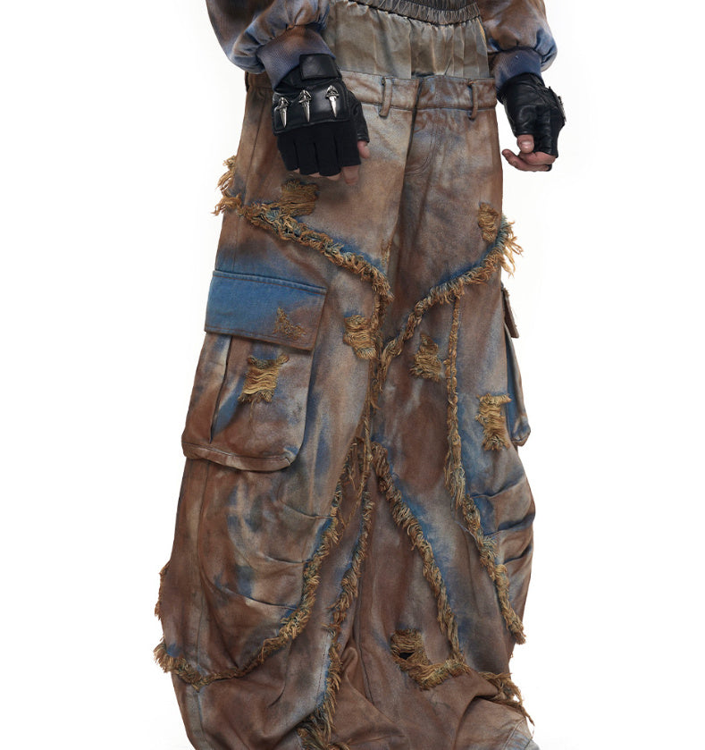 Waste Soil Wind Old Mud Dyed Fake Two Pieces Jeans