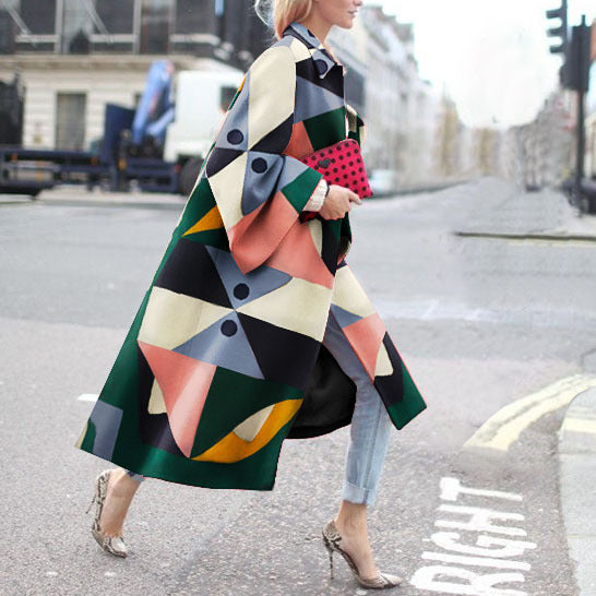 Geometric Print Color Loose Long Coat Windbreaker Women