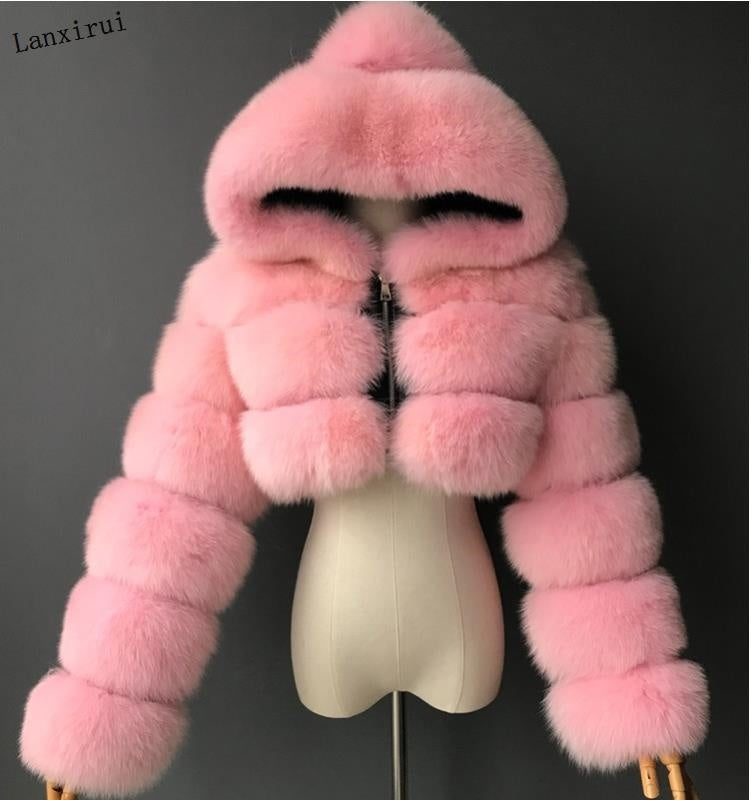 Short Hooded Faux Fur Long Sleeve Coat
