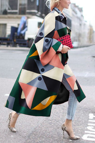Geometric Print Color Loose Long Coat Windbreaker Women