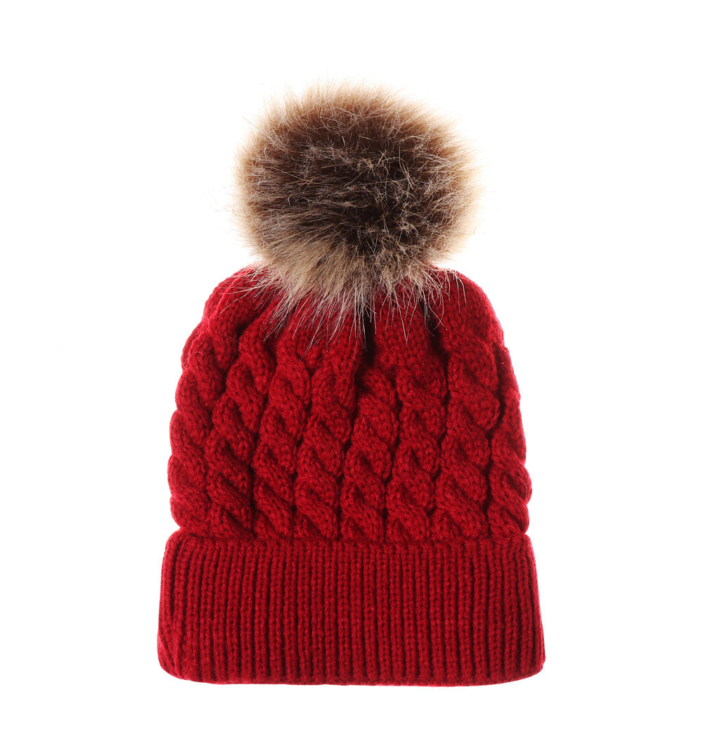 Autumn and winter ball twist knit hat Warm female parent-child imitation braid hair ball wool cap