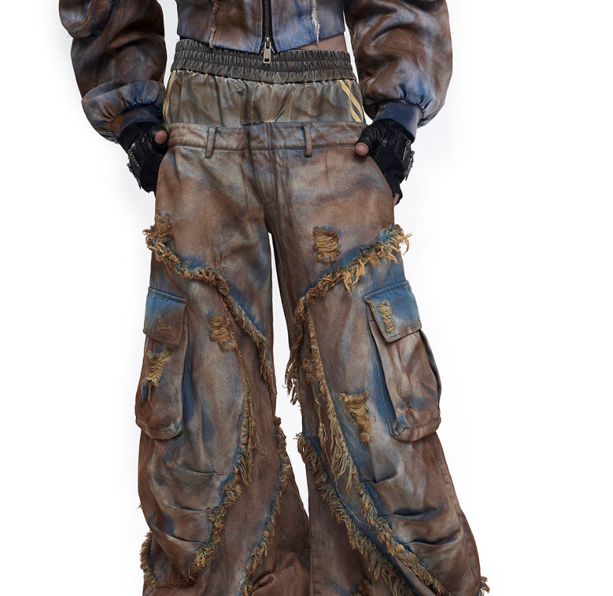 Waste Soil Wind Old Mud Dyed Fake Two Pieces Jeans