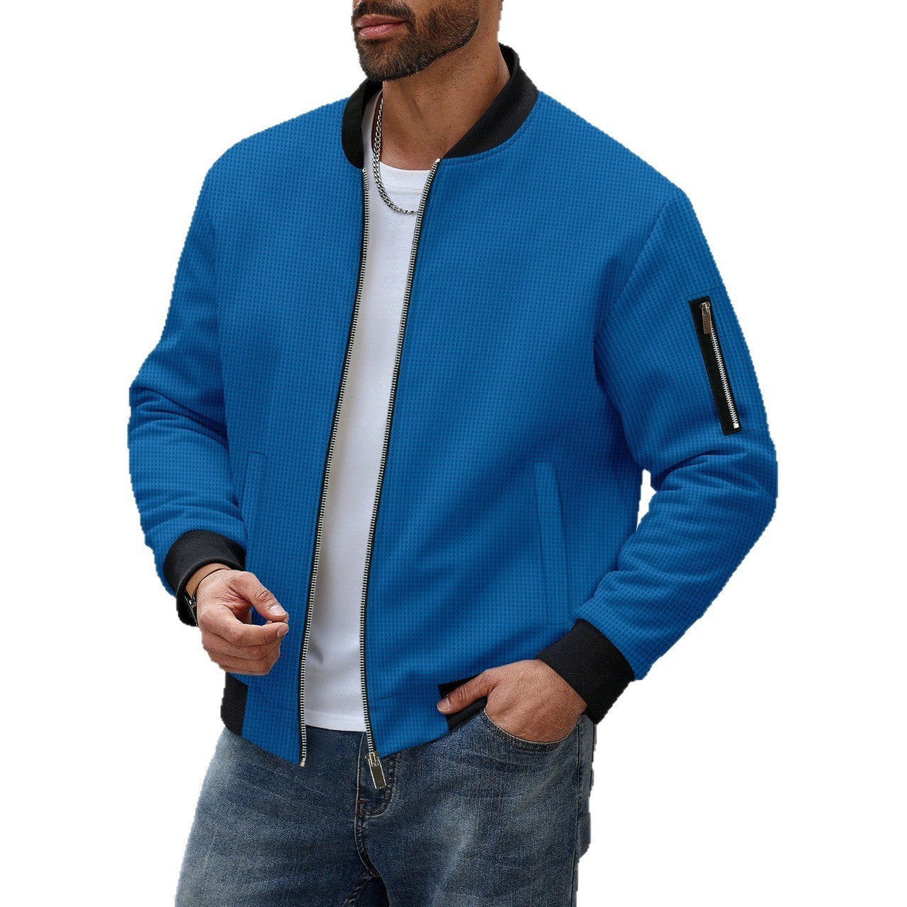 Men's Waffle Solid Color Cardigan Pocket Zipper Thickening Stand Collar Coat