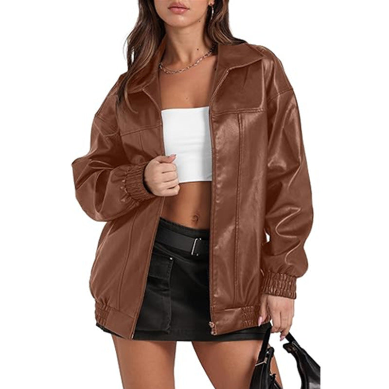 Long Sleeve Lapel Zipper Side Pocket Casual Trench Coat Women