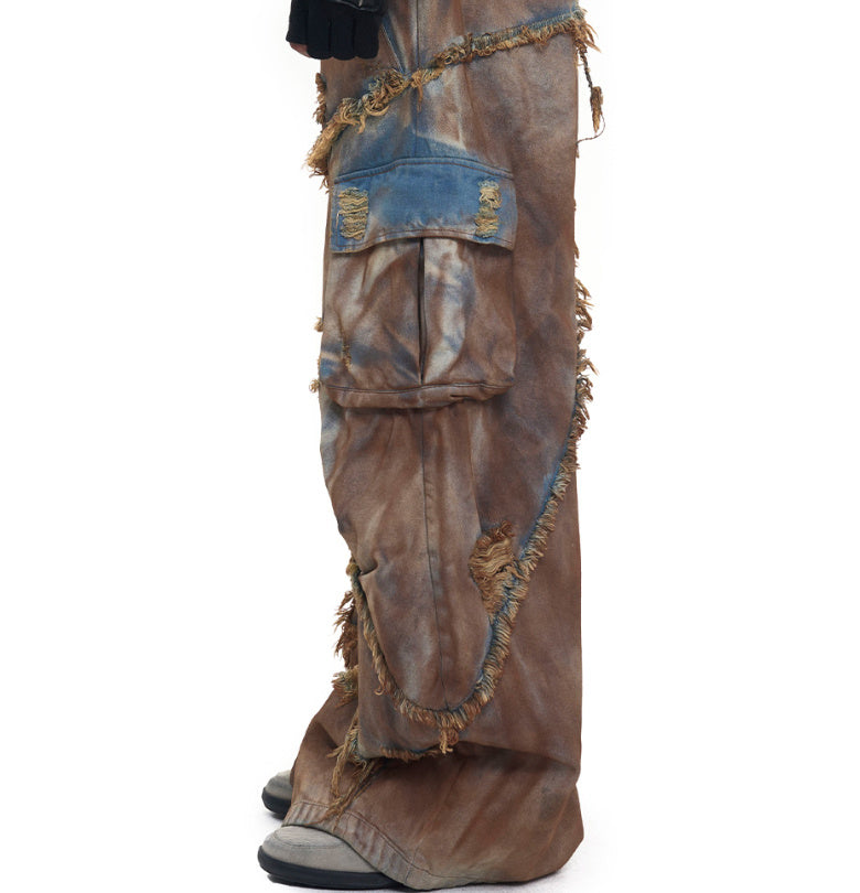 Waste Soil Wind Old Mud Dyed Fake Two Pieces Jeans