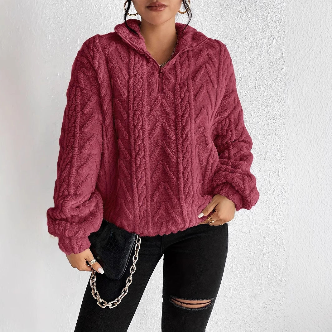 Double-sided Plush Latte Art Casual Zipper Pullover Top