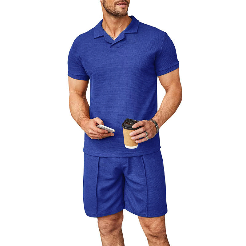 Summer New Waffle V-neck Polo Shirt Men's Suit