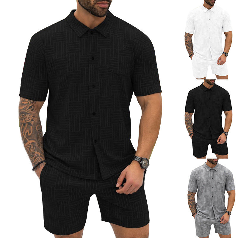 Men's Jacquard Button Shirt Lapel Casual T-shirt Suit
