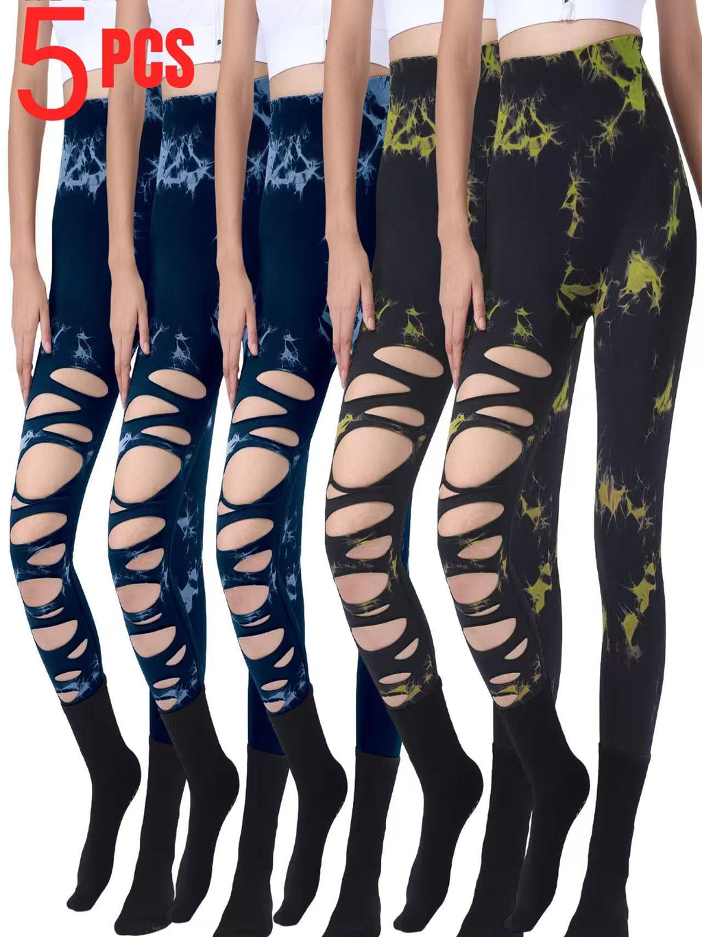 5 Pack Wholesale Fashion Women Sports Yoga High Waist Tie Dye Print Ripped Hollow Leggings Pants