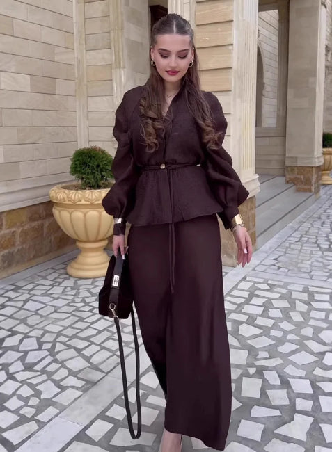 V-Neck Cardigan & High-Waist Skirt 2-Piece Set