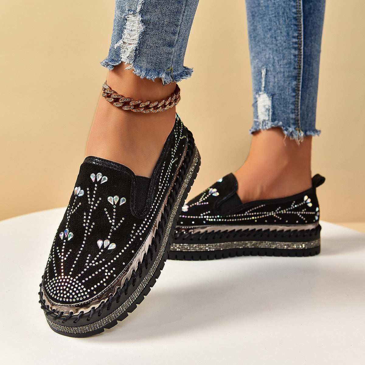 Casual Sneakers Slip-on Rhinestone Platform Thick Bottom Shoes