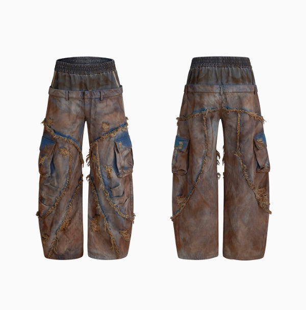 Waste Soil Wind Old Mud Dyed Fake Two Pieces Jeans