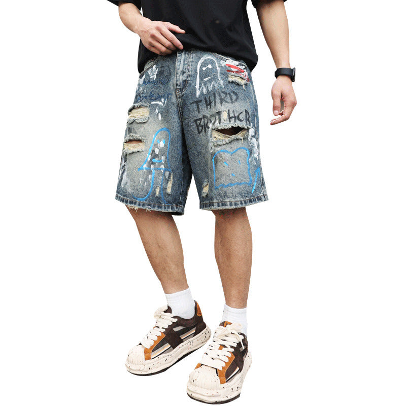 All-match Ripped Men's Jeans Shorts Trend Graffiti