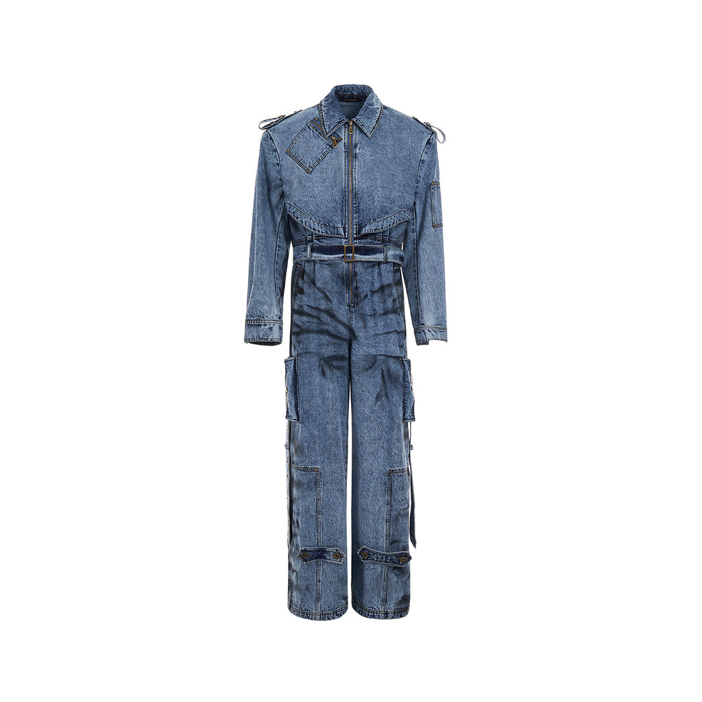 Dirty Dyed Denim Jumpsuit Men's Washed Blue Zipper Jeans