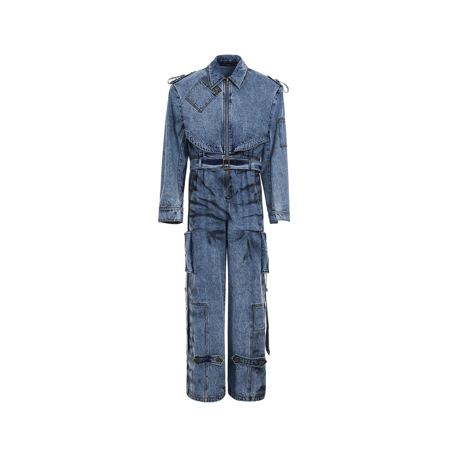 Dirty Dyed Denim Jumpsuit Men's Washed Blue Zipper Jeans