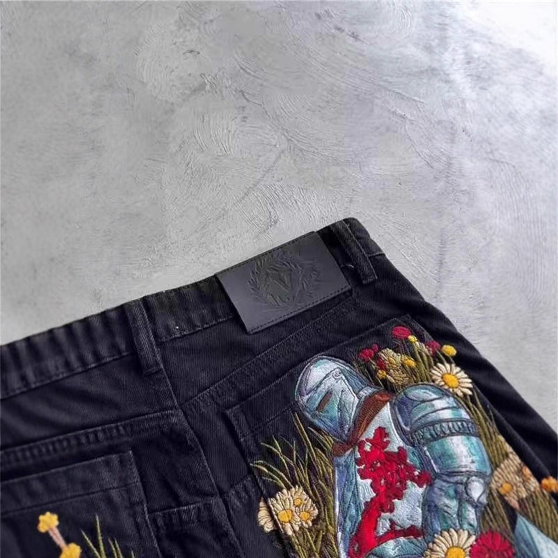 Men's Loose Casual Printed Black Straight Leg Jeans