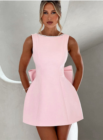 Fashion Big-Bowed Pearls Backless Dress Summer Slim Sleeveless A-line Dresses For Party Evening Women's Clothing