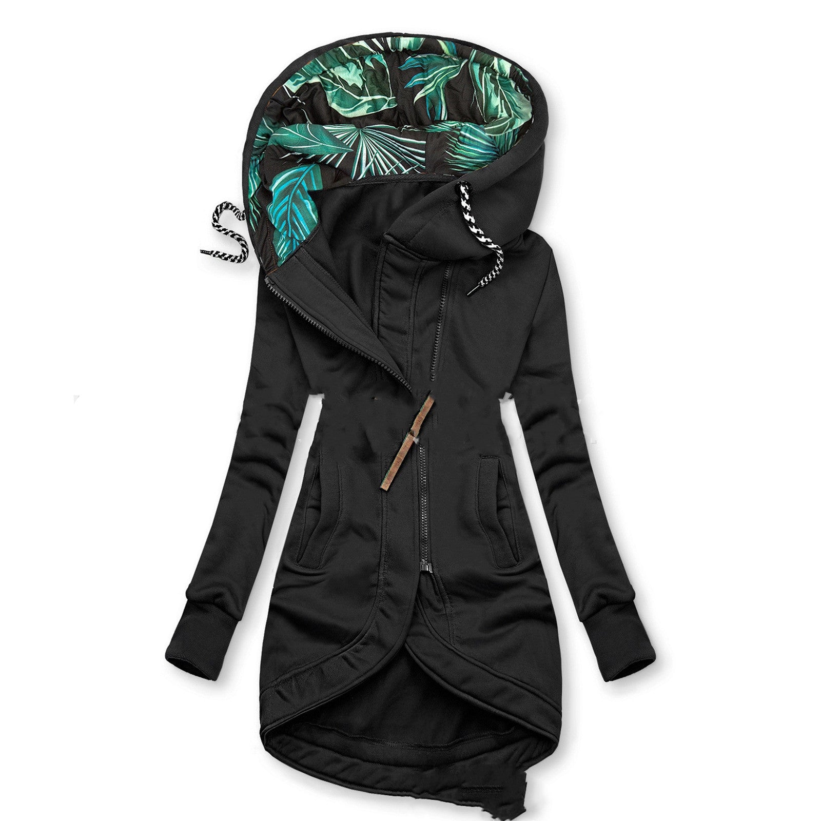 Solid Colour Printed Hooded Long Sleeve Jacket