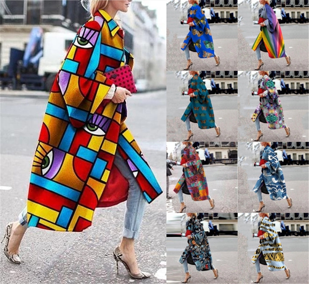Geometric Print Color Loose Long Coat Windbreaker Women