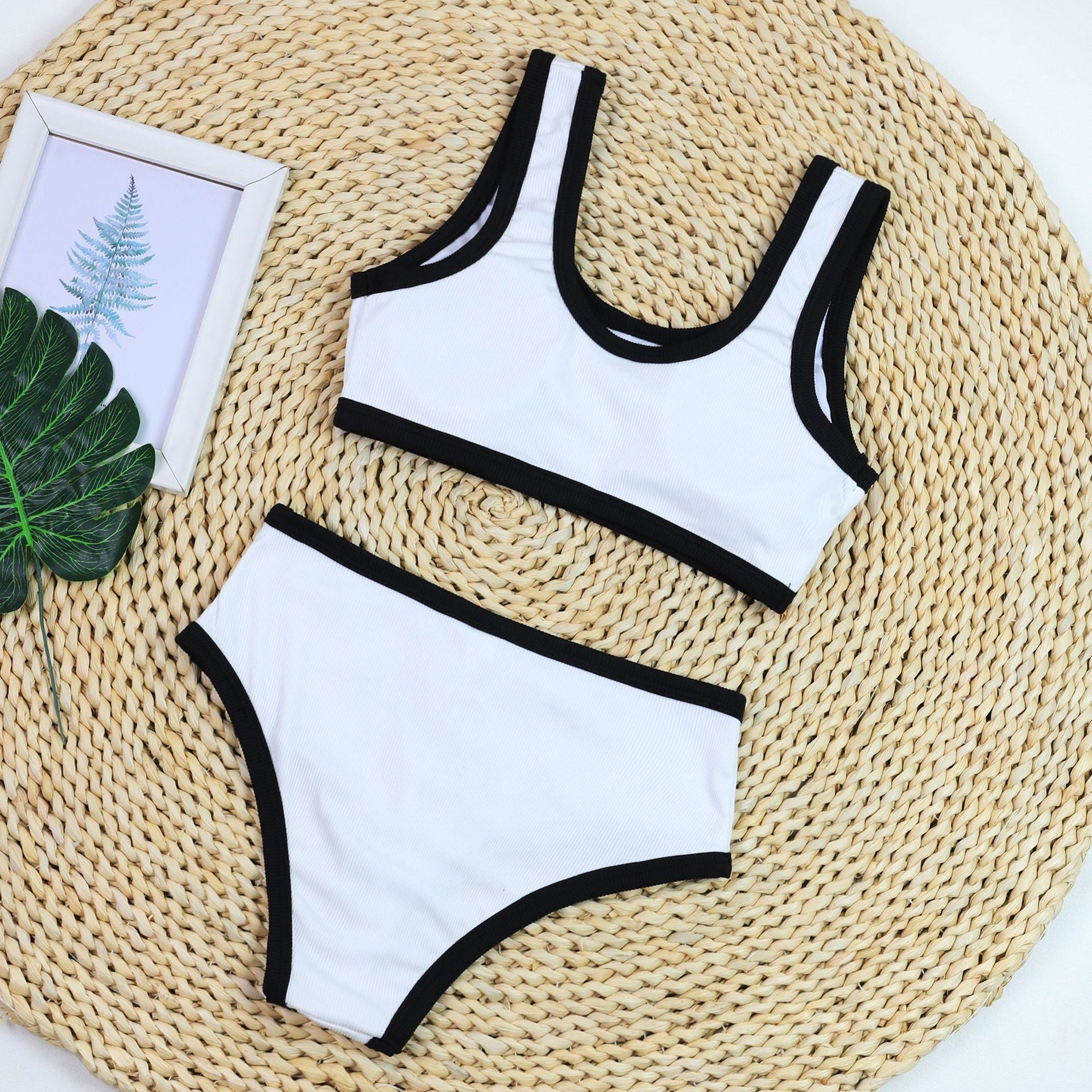 Sexy Black And White Color Matching High Waist Split Bikini Swimsuit
