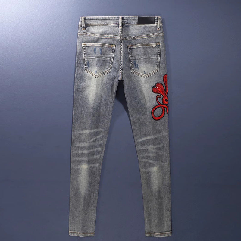 Worn Looking Washed-out Hole Patch Trendy Brand Embroidered Slim Fit Jeans