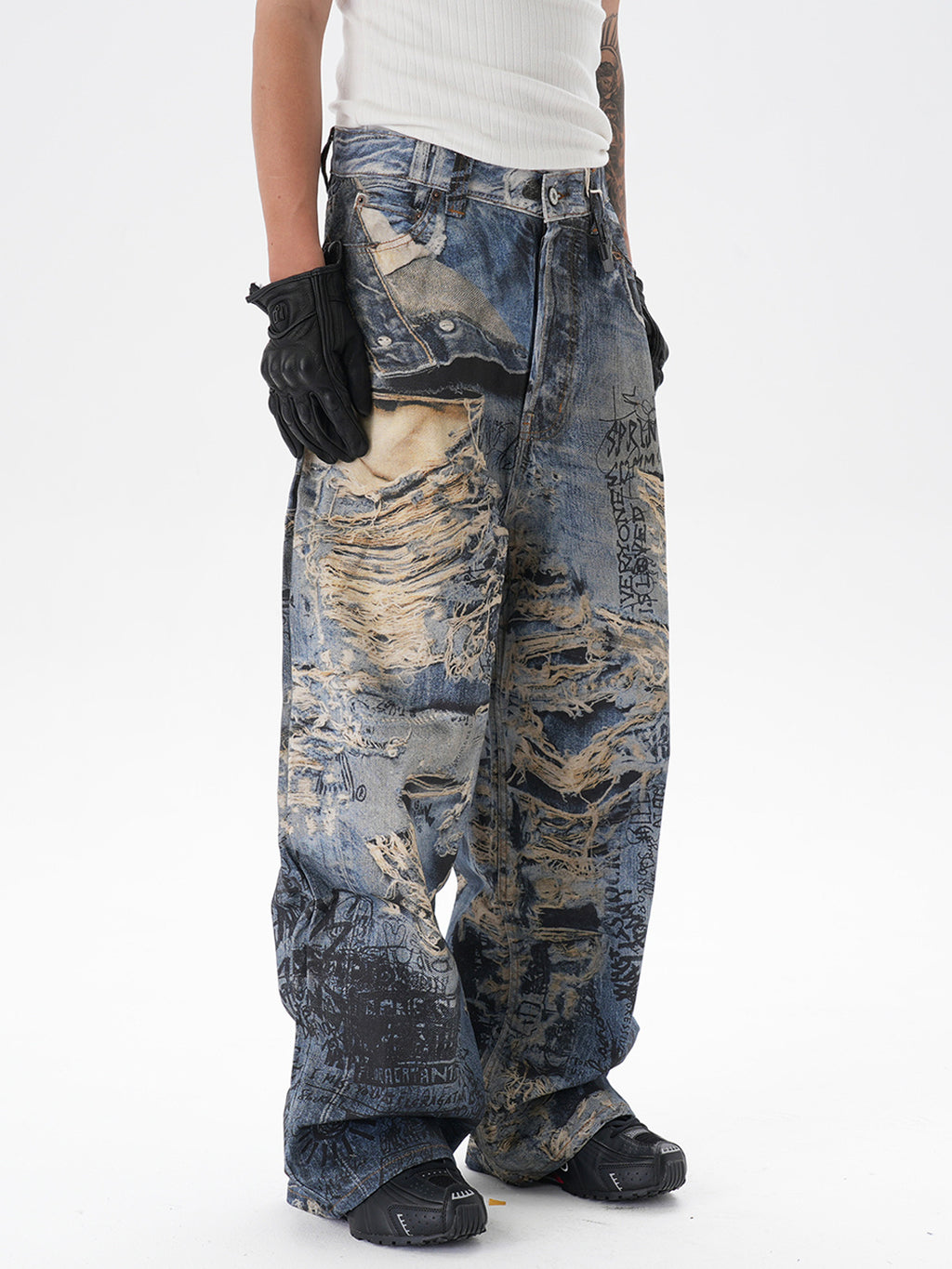 3D Digital Printing Ripped Graffiti Straight Jeans