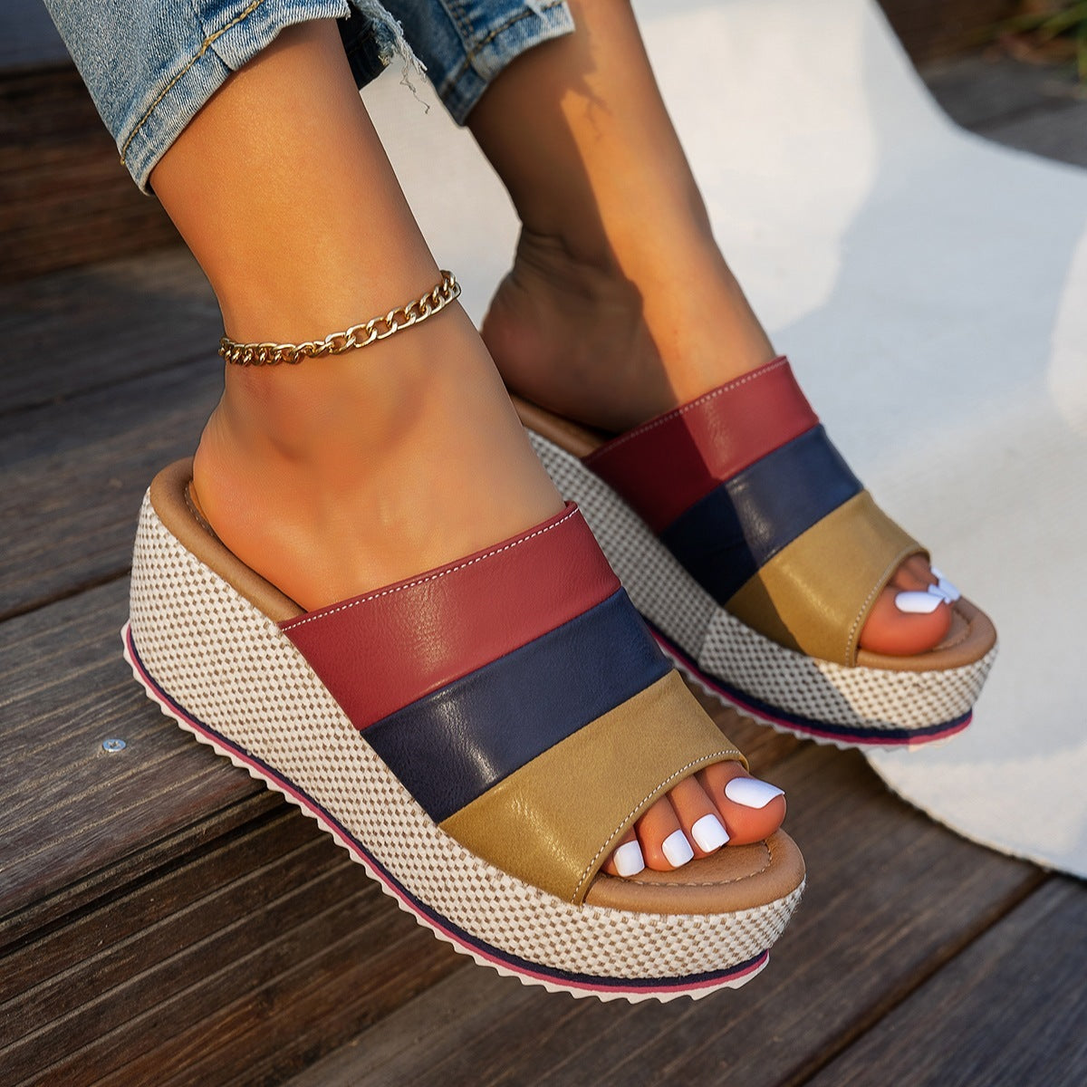 Ankle-strap Sandals Block Platform Wedge Plus Size Slippers