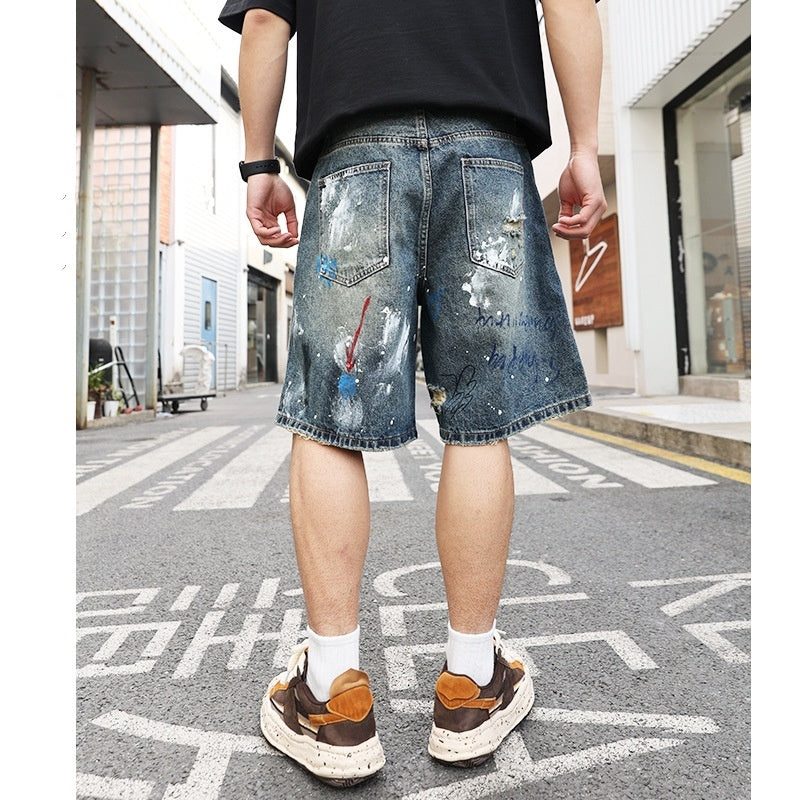 All-match Ripped Men's Jeans Shorts Trend Graffiti