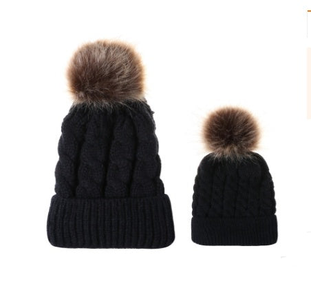Autumn and winter ball twist knit hat Warm female parent-child imitation braid hair ball wool cap
