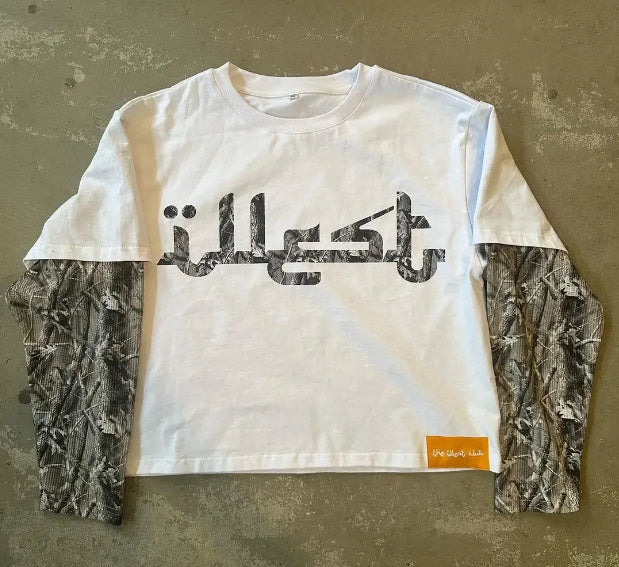 Niche Design Stitching Letter Print Round Neck Long Sleeve T-shirt