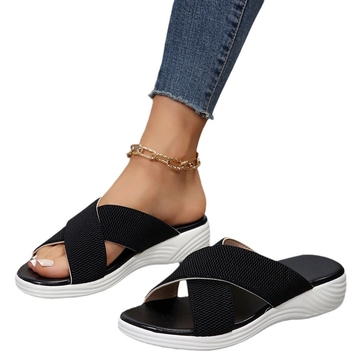 Summer Flat Wedge Peep-toe Slippers Thick Bottom Plus Size Cross Women's Slippers
