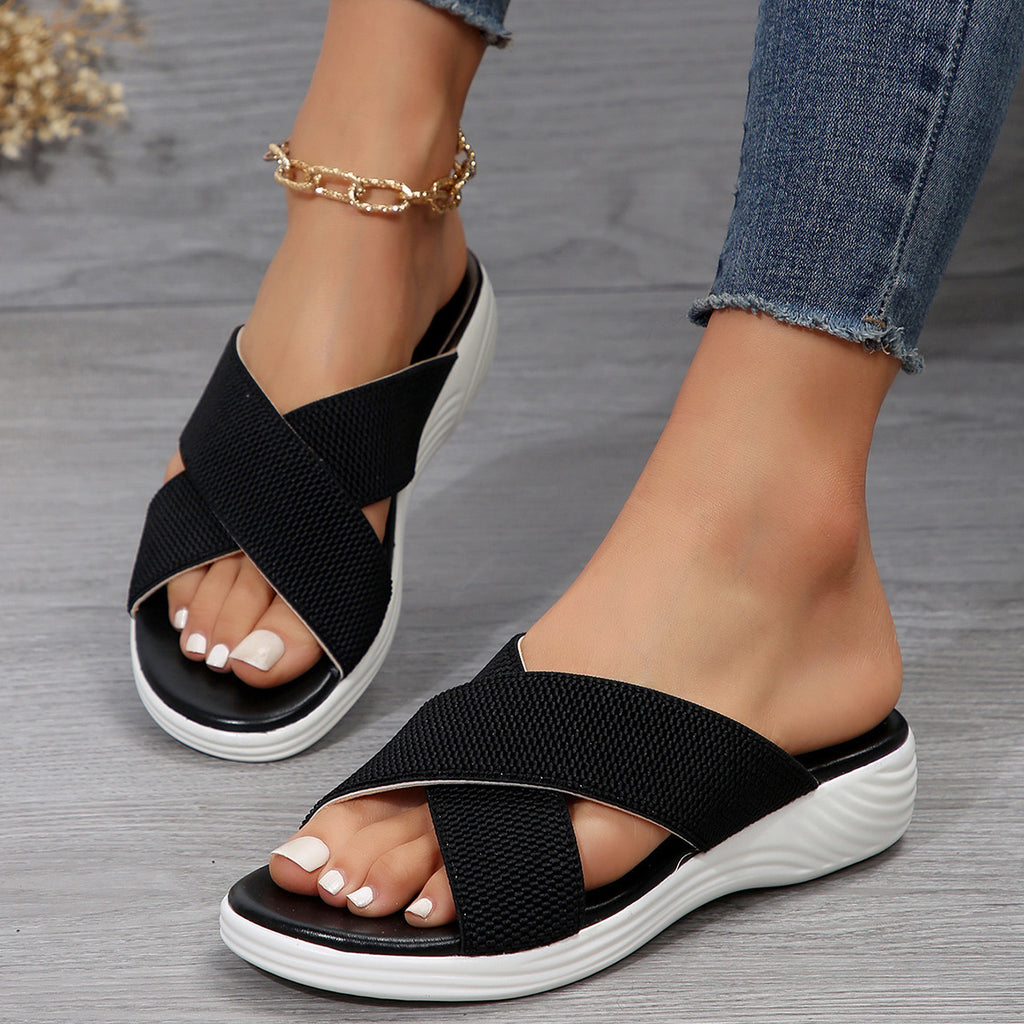 Summer Flat Wedge Peep-toe Slippers Thick Bottom Plus Size Cross Women's Slippers