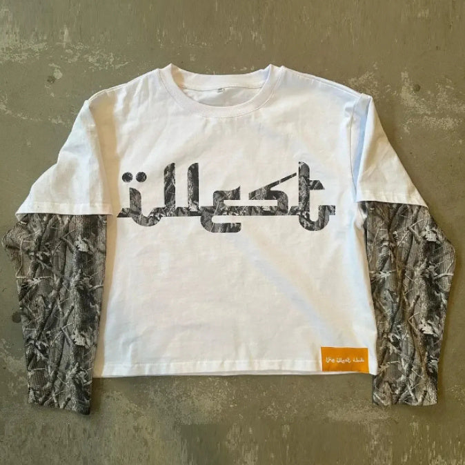 Niche Design Stitching Letter Print Round Neck Long Sleeve T-shirt