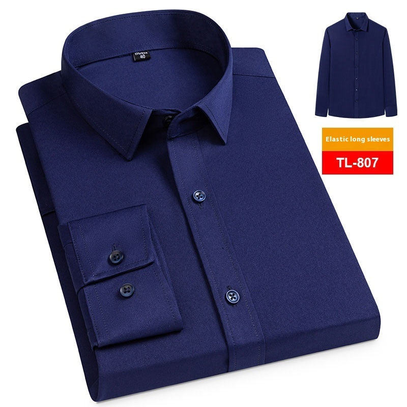 Men's Spring Long Sleeve Solid Color No Pocket Business Casual Stretch Shirt
