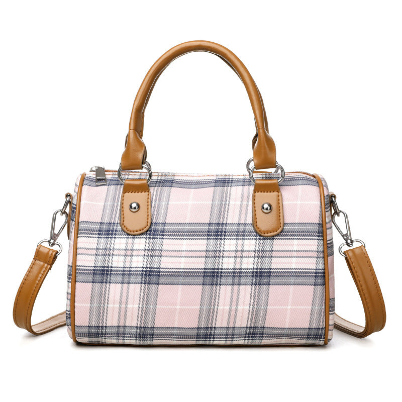 Plaid Academy Style Round Barrel Shoulder Bag