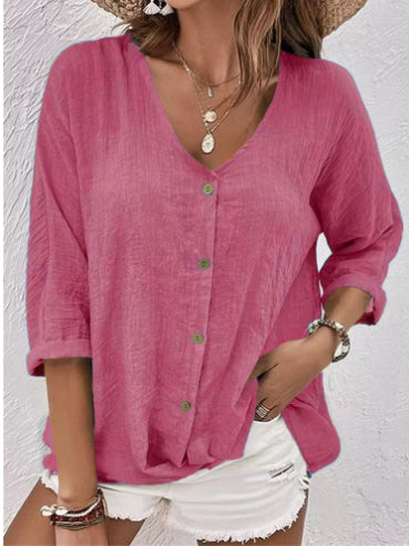 V-neck Long-sleeved T-shirt Fashion Solid Color Button Top Casual Loose Clothing For Women
