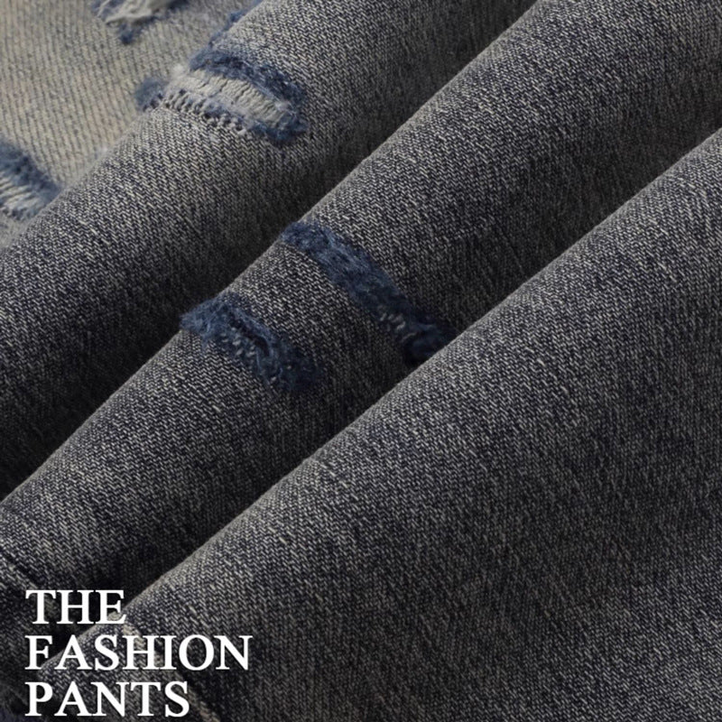 Worn Looking Washed-out Hole Patch Trendy Brand Embroidered Slim Fit Jeans