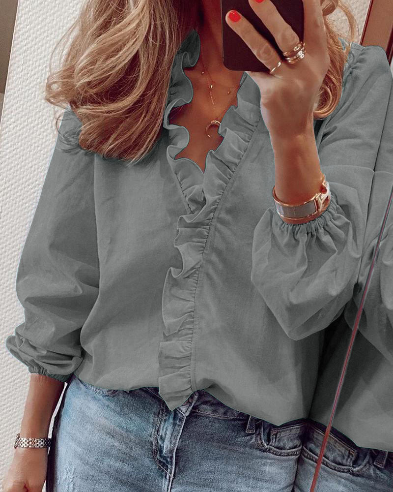 Ruffle Blouse Office Commuting Long-sleeved Pullover Shirt Women's Fashion Casual Daily Tops Clothing