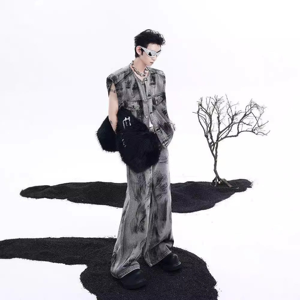 American Street Graffiti Padded Shoulder Sleeveless Denim Coat