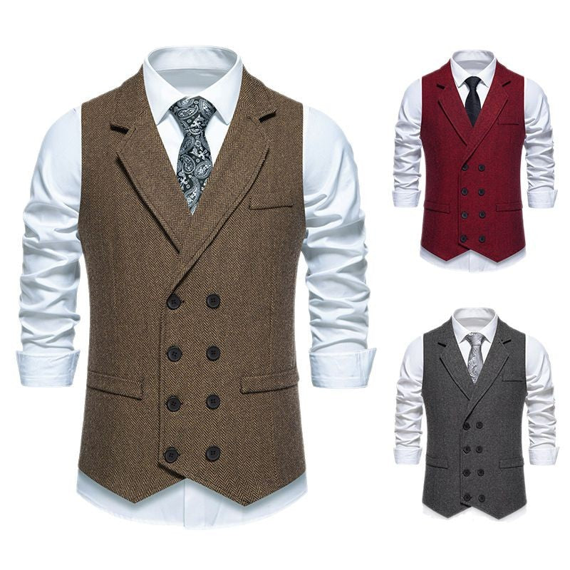 Men's Herringbone Tweed Suit Vest Retro Lapels Double Breasted Vest