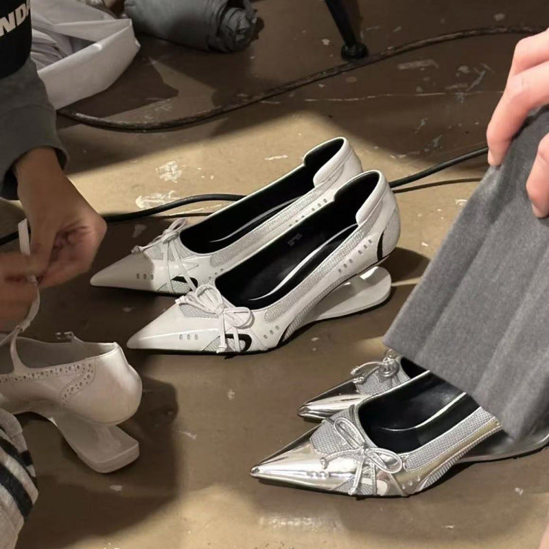 Women's Black Pointed Toe Shaped Floating Heel Mary Jane Shoes