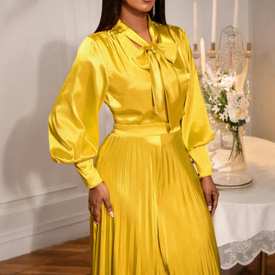 Sexy V-neck Bow Long Sleeve Top Elegant Pleated Wide Leg Trousers Suit