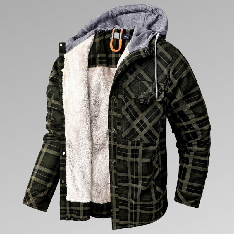 Men's Long Sleeve Velvet Thickened Hooded Plaid Shirt Coat