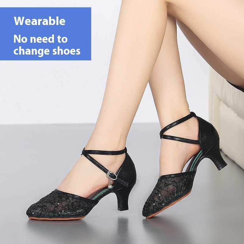 Latin Dance Shoes Female Adult Mid Heel Summer