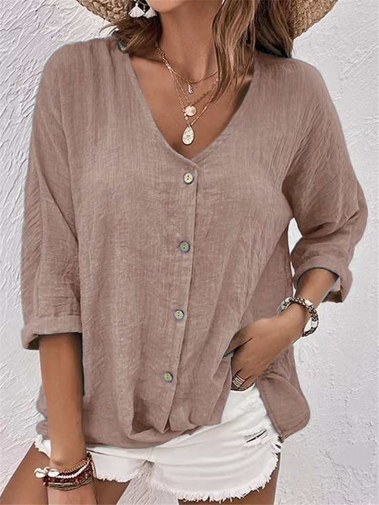 V-neck Long-sleeved T-shirt Fashion Solid Color Button Top Casual Loose Clothing For Women