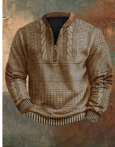 Printed Men's 3D Half Placket Zipper Sweater
