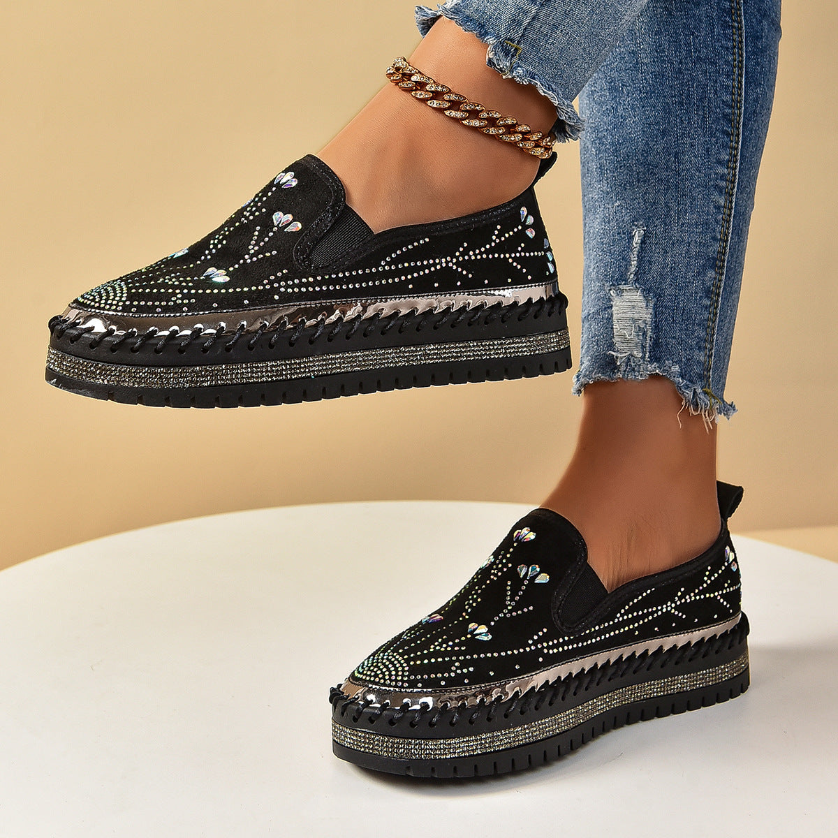 Casual Sneakers Slip-on Rhinestone Platform Thick Bottom Shoes